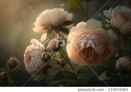 Beautiful lush roses close-up. Flowering bush in the garden. Peony roses are soft pink. Generative AI Beautiful lush roses close-up. Flowering bush in the garden. Peony roses are soft pink. Generative AI 119935064
