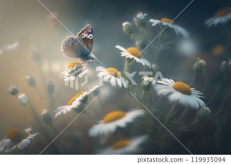 Beautiful butterfly sits on a chamomile flower. Generative AI 119935094