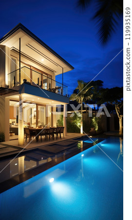 A modern house concept with a swimming pool  119935169