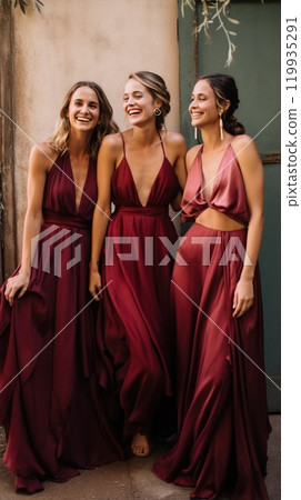 A group of bridesmaids in burgundy gowns are posing 119935291