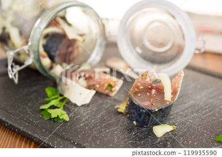 lightly salted mackerel sliced into pieces with onions and spices 119935590