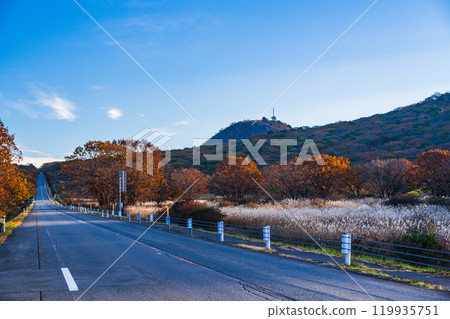[群馬縣]榛名山和沼原清晨的秋景 119935751