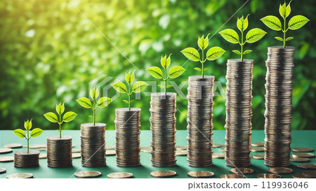 Illustration of coins and plants representing wealth formation through investment Illustration of coins and plants representing wealth formation through investment 119936046