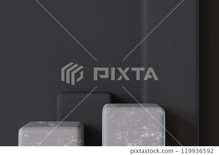 Minimalistic concrete podiums group on dark background. Mock up for product presentation. Pedestal or platform. Empty scene. Stage, display, showcase. Copy space. Advertising, merchandise. 3D render. 119936592