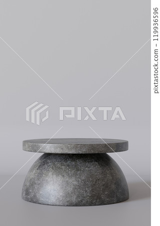 Minimalistic concrete podium on neutral gray background. Mock up for product presentation. Pedestal or platform. Empty scene. Stage, display, showcase. Copy space. Advertising, merchandise. 3D render. 119936596