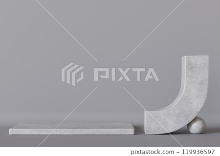 Minimalistic concrete podium on neutral gray background. Mock up for product presentation. Pedestal or platform. Empty scene. Stage, display, showcase. Copy space. Advertising, merchandise. 3D render. Minimalistic concrete podium on neutral gray background. Mock up for product presentation. Pedestal or platform. Empty scene. Stage, display, showcase. Copy space. Advertising, merchandise. 3D render. 119936597