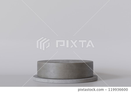 Minimalistic concrete podium on neutral gray background. Mock up for product presentation. Pedestal or platform. Empty scene. Stage, display, showcase. Copy space. Advertising, merchandise. 3D render. 119936600