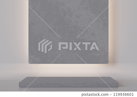 Minimalist concrete podium with textured gray backdrop panel illuminated from behind. Modern, industrial setup, ideal for product displays, branding. Offering sleek and contemporary aesthetic. 3D. 119936601