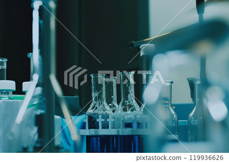 Close-up of blue glass flasks standing in a row. Scientific chemical research. Laboratory background. Glass chemical bottle filled with a substance. Blurred background. Chemical laboratory 119936626