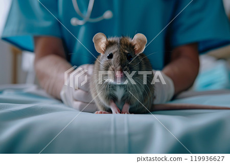 Close up of female doctor wearing medical gloves holding a cute rat in her hands. Veterinary clinic specializing in pet health. Blur the background. Best patient. Banner copy space Close up of female doctor wearing medical gloves holding a cute rat in her hands. Veterinary clinic specializing in pet health. Blur the background. Best patient. Banner copy space 119936627
