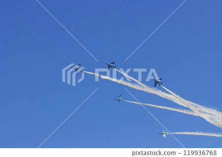 Blue Impulse exhibition flight: Blue Impulse trailing smoke in clear skies Blue Impulse exhibition flight: Blue Impulse trailing smoke in clear skies 119936768