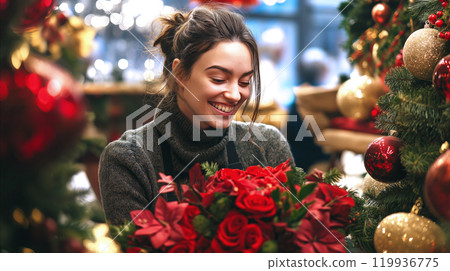 Festive Christmas holiday scene where young smiling female florist holding bouquet of red flowers such as roses and poinsettias. Christmas tree with red, gold ornaments creates festive atmosphere 119936775