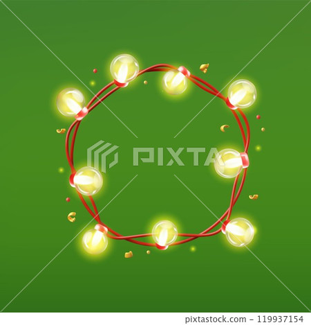 A 3D garland icon with burning light bulbs surrounded by confetti on a white background A 3D garland icon with burning light bulbs surrounded by confetti on a white background 119937154