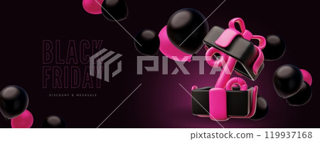 3D horizontal poster for the Friday sale with balloons, gifts and discounts. 119937168