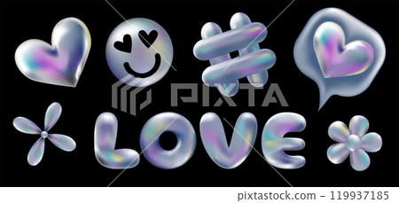 3d holographic retro 90 stickers set. Chrome Heart, Like, Flower, Smile in Y2K style with love text isolated on black. Future galaxy aesthetic, 3D chrome bubble art. Metal glossy sticker set. 3d holographic retro 90 stickers set. Chrome Heart, Like, Flower, Smile in Y2K style with love text isolated on black. Future galaxy aesthetic, 3D chrome bubble art. Metal glossy sticker set. 119937185