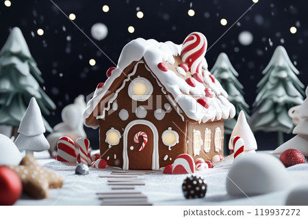 Festive gingerbread house with candy cane decorations under a night sky 119937272