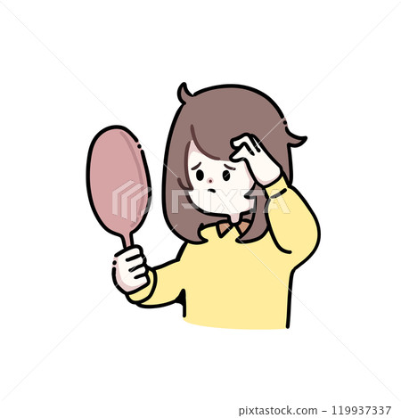 A woman fixing her messy hair while looking in the mirror A woman fixing her messy hair while looking in the mirror 119937337