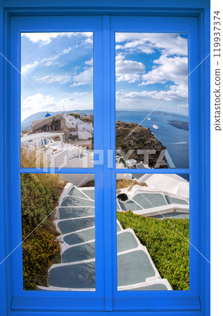 Oia village with stairway through blue window on Santorini island in Greece Oia village with stairway through blue window on Santorini island in Greece 119937374