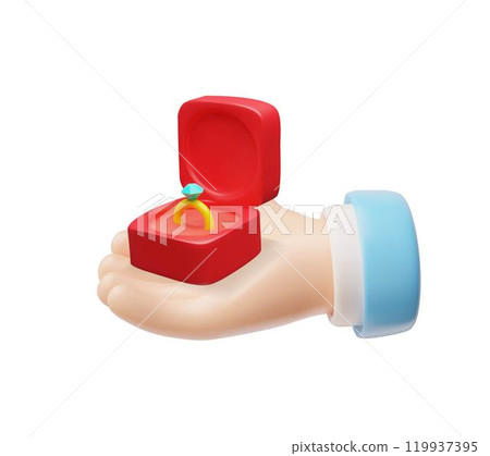 3D illustration of hand holding gold engagement ring with a gemstone in a gift box. 3D illustration of hand holding gold engagement ring with a gemstone in a gift box. 119937395