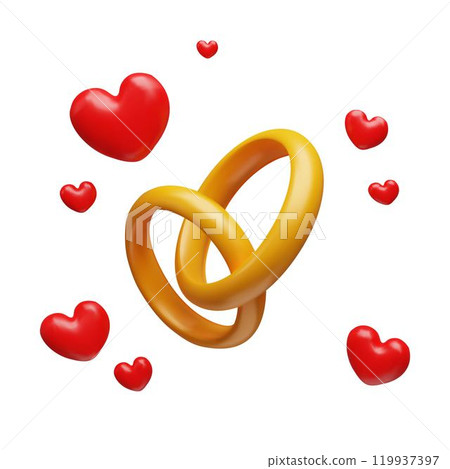 Two gold rings and red hearts around. Two gold rings and red hearts around. 119937397