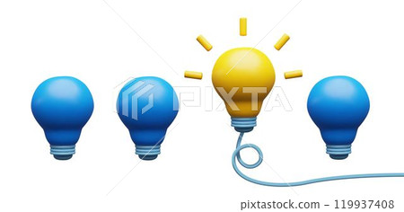 A 3D set of electric light bulbs with one burning bulb highlights innovation and success 119937408
