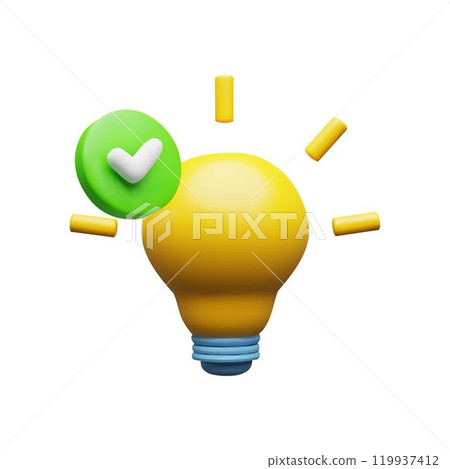 A 3D electric light bulb with a checkmark icon symbolizing ideas and creativity. 119937412