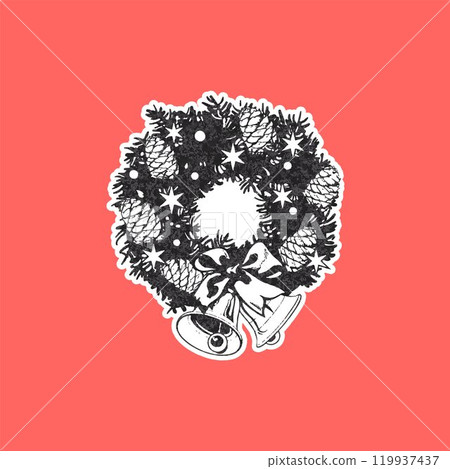 Vector illustration of black and white sticker of Christmas fir wreath with photocopy effect. Vector illustration of black and white sticker of Christmas fir wreath with photocopy effect. 119937437