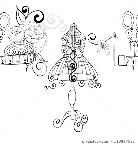 Vintage mannequin with floral arrangement - roses and anemone. Sewing tools - scissors, needle, tape measure. Old fashion, retro dressmaker seamless pattern, border. Romantic and elegance background Vintage mannequin with floral arrangement - roses and anemone. Sewing tools - scissors, needle, tape measure. Old fashion, retro dressmaker seamless pattern, border. Romantic and elegance background 119937552