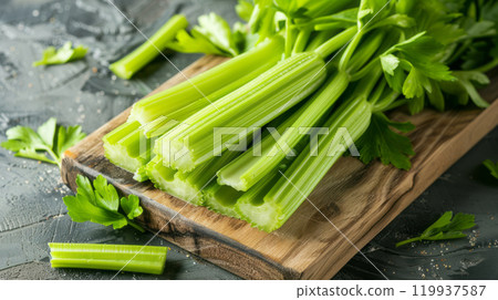 Chopped celery in wooden bowl on a black background Chopped celery in wooden bowl on a black background 119937587