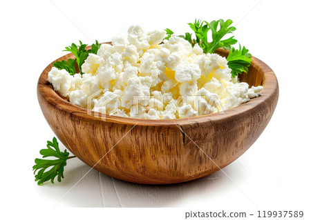 Cottage Cheese, Curd in wooden bowl, on white background. Cottage Cheese, Curd in wooden bowl, on white background. 119937589