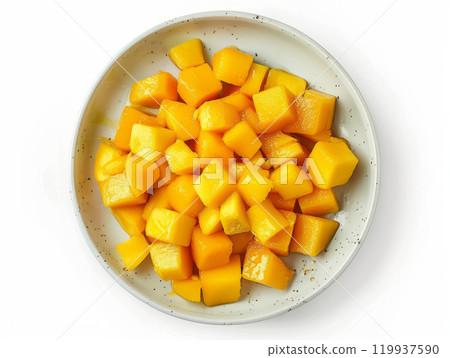White bowl filled with diced mangos fruit, on a white background. White bowl filled with diced mangos fruit, on a white background. 119937590
