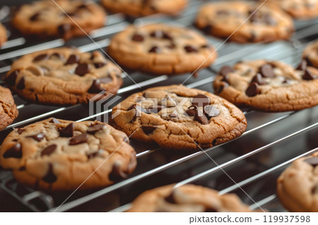 Freshly baked chocolate chip cookies on wire cooling rack 119937598