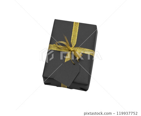 Black gift box with gold ribbon and tag isolated on white background. 119937752