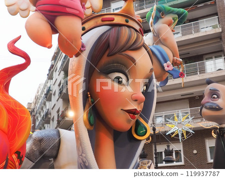 Valencia, Spain - March 18, 2024 - The Fallas Festival, feast of Saint Joseph with the floral offering to the Virgin  119937787