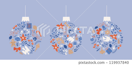 Merry Christmas, Happy New Year greeting card, poster, background, holiday cover. Modern flat winter abstract christmas ball shape. Corporate vector toys set. Merry Christmas, Happy New Year greeting card, poster, background, holiday cover. Modern flat winter abstract christmas ball shape. Corporate vector toys set. 119937840