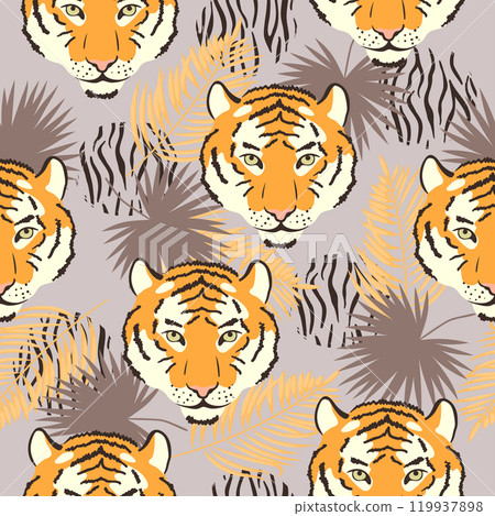 Vector seamless tropical pattern with tiger heads and palm leaves 119937898