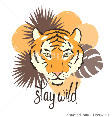 Cute tiger with tropical leaves. Stay wild lettering. Vector illustration Cute tiger with tropical leaves. Stay wild lettering. Vector illustration 119937904