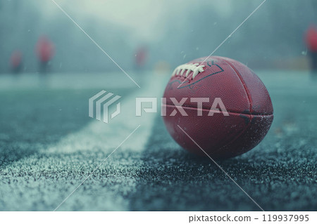 American football resting on a first down line during an American football game American football resting on a first down line during an American football game 119937995
