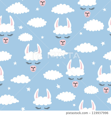 Seamless lama pattern. Vector blue background with alpaca and clouds 119937996