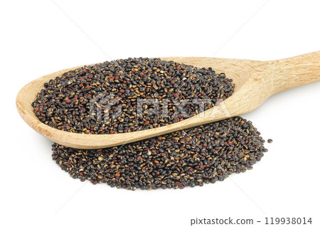 black quinoa in wooden spoon isolated on white background 119938014