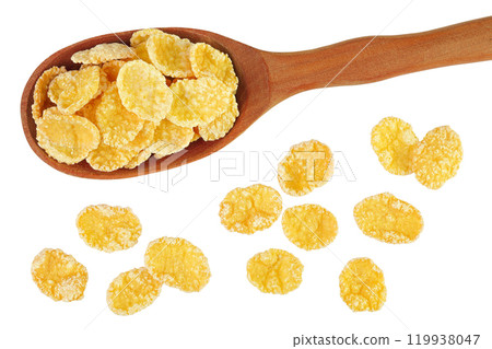 Cornflakes in wooden spoon isolated on white background. Top view. Flat lay Cornflakes in wooden spoon isolated on white background. Top view. Flat lay 119938047