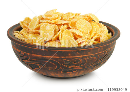 Cornflakes in ceramic bowl isolated on white background. 119938049