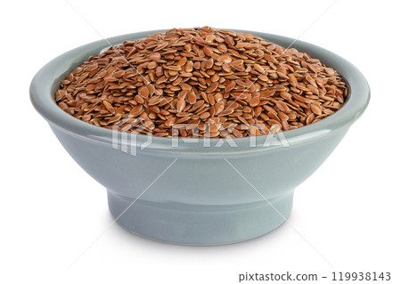 flaxseed in ceramic bowl isolated on white background. Top view. Flat lay flaxseed in ceramic bowl isolated on white background. Top view. Flat lay 119938143