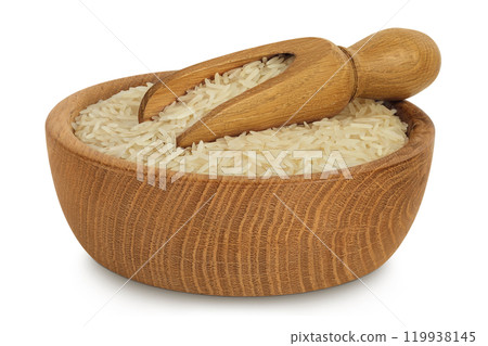 rice basmati in a wooden bowl isolated on white background 119938145