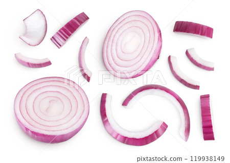 Red onion slices isolated on a white background. Top view. Flat lay Red onion slices isolated on a white background. Top view. Flat lay 119938149