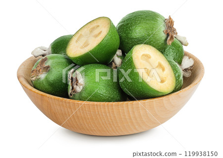 Feijoa fruit in wooden bowl isolated on white background Feijoa fruit in wooden bowl isolated on white background 119938150