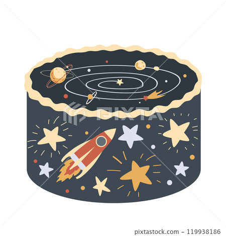 Cute bento cake with stars and rocket. Corporative party or kids Happy Birthday design. Cosmic Space sweet cake. Isolated vector illustration Cute bento cake with stars and rocket. Corporative party or kids Happy Birthday design. Cosmic Space sweet cake. Isolated vector illustration 119938186