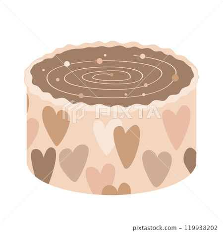 Cute bento cake with stylish pastel hearts. Happy Birthday isolated design element, neutral beige palette for babies and adults. 119938202
