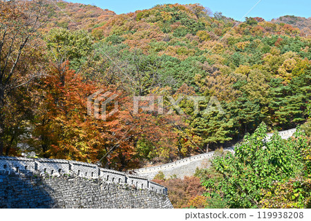World Heritage Site/Namhansanseong Fortress: Autumn leaves and castle grounds [Korea/Gyeonggi-do] 119938208