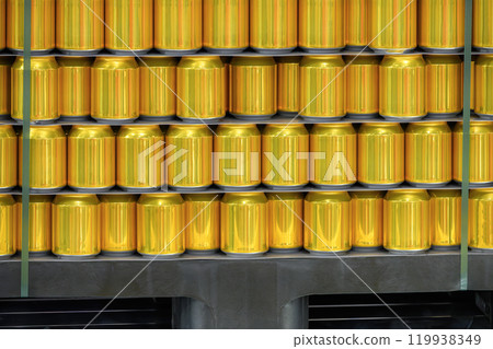 Close up scene the golden aluminum cans on the pallets. Close up scene the golden aluminum cans on the pallets. 119938349